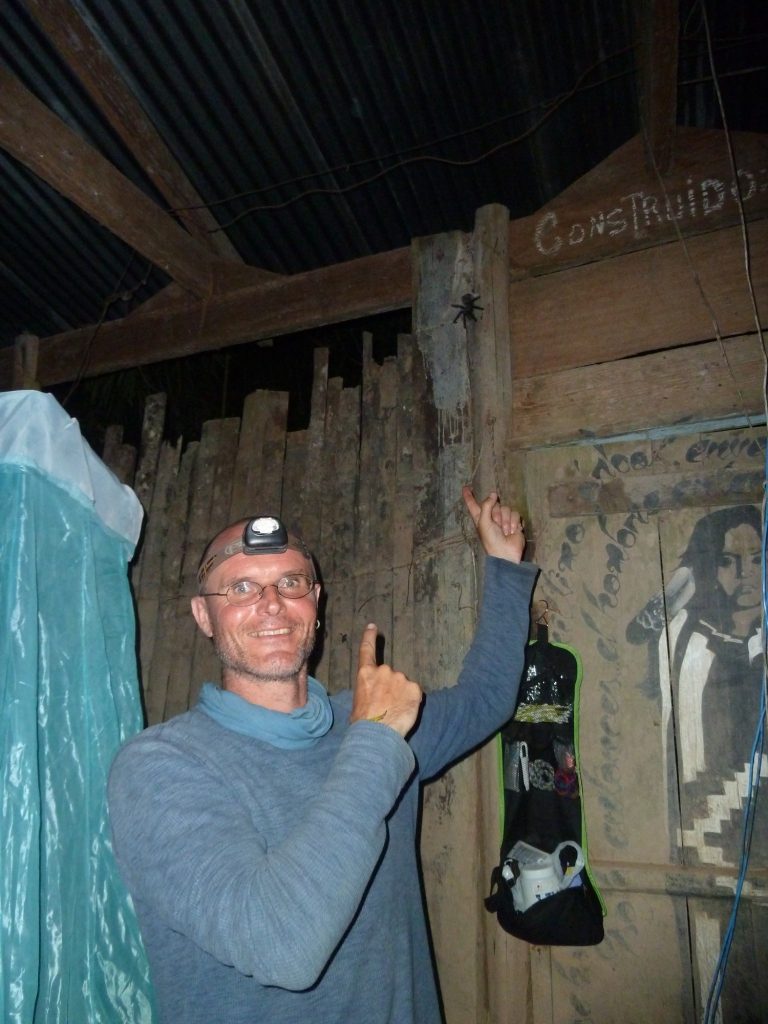 Das Bild zeigt einen Mann mit einer Stirnlampe auf dem Kopf. Er lächelt in die Kamera und zeigt mit den Zeigefingern beider Hände auf eine Tarantel, die an der Wand des Zimmers hängt.
