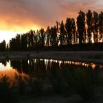 Das Bild zeigt einen Sonnenuntergang an einem kleinen See. Von der linken Seite des Bildes ansteigend zur rechten Seite ist eine Baumreihe zu sehen. Im See spiegelt sich sowohl die Baumreihe, als auch die Farbtöne des Himmels, der von einem großen Wolkenband durchzogen ist.