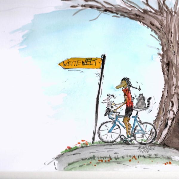 Das Bild zeigt ein Gemälde von einem Radfahrer unter einem Baum. Auf dem Radsitz und dem Lenker sitzt jeweils eine Katze. Vor dem Rad ist ein Pfosten mit einem Schild, auf dem "Weite Welt" steht.