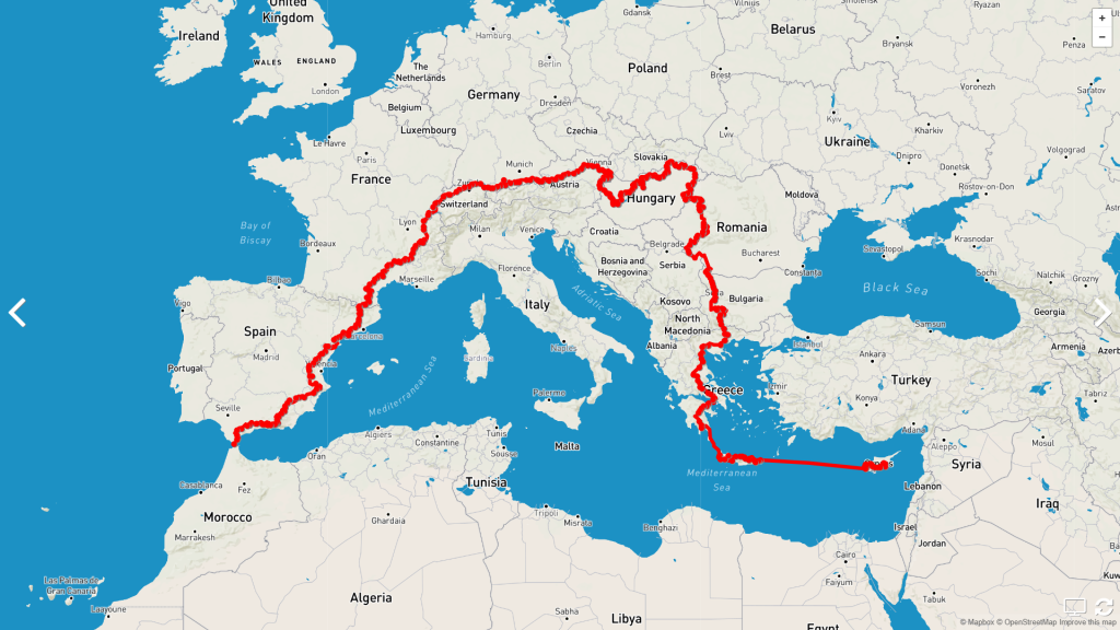 Das Bild zeigt eine Landkarte von Europa und Teilen Afrikas. Darin rot eingezeichnet ist eine Wanderroute, die von Spanien bis nach Zypern reicht.